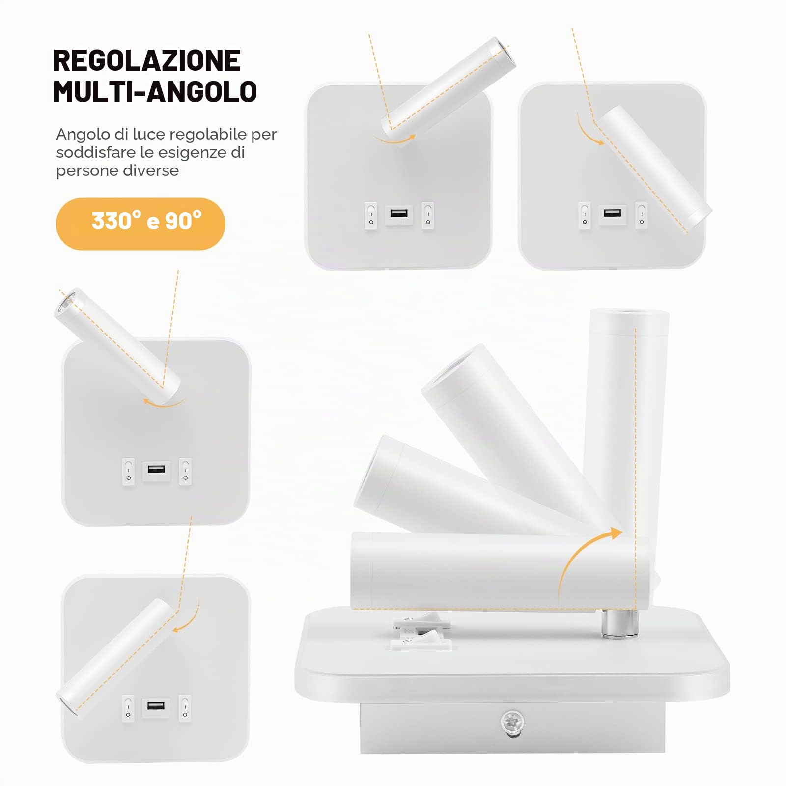 Lampada da parete a LED, lampada da lettura sul comodino, applique regolabile sul comodino, con porta di ricarica USB, applique da parete per corridoio(luce calda 3W + luce calda 9W)(Bianco 2pcs)