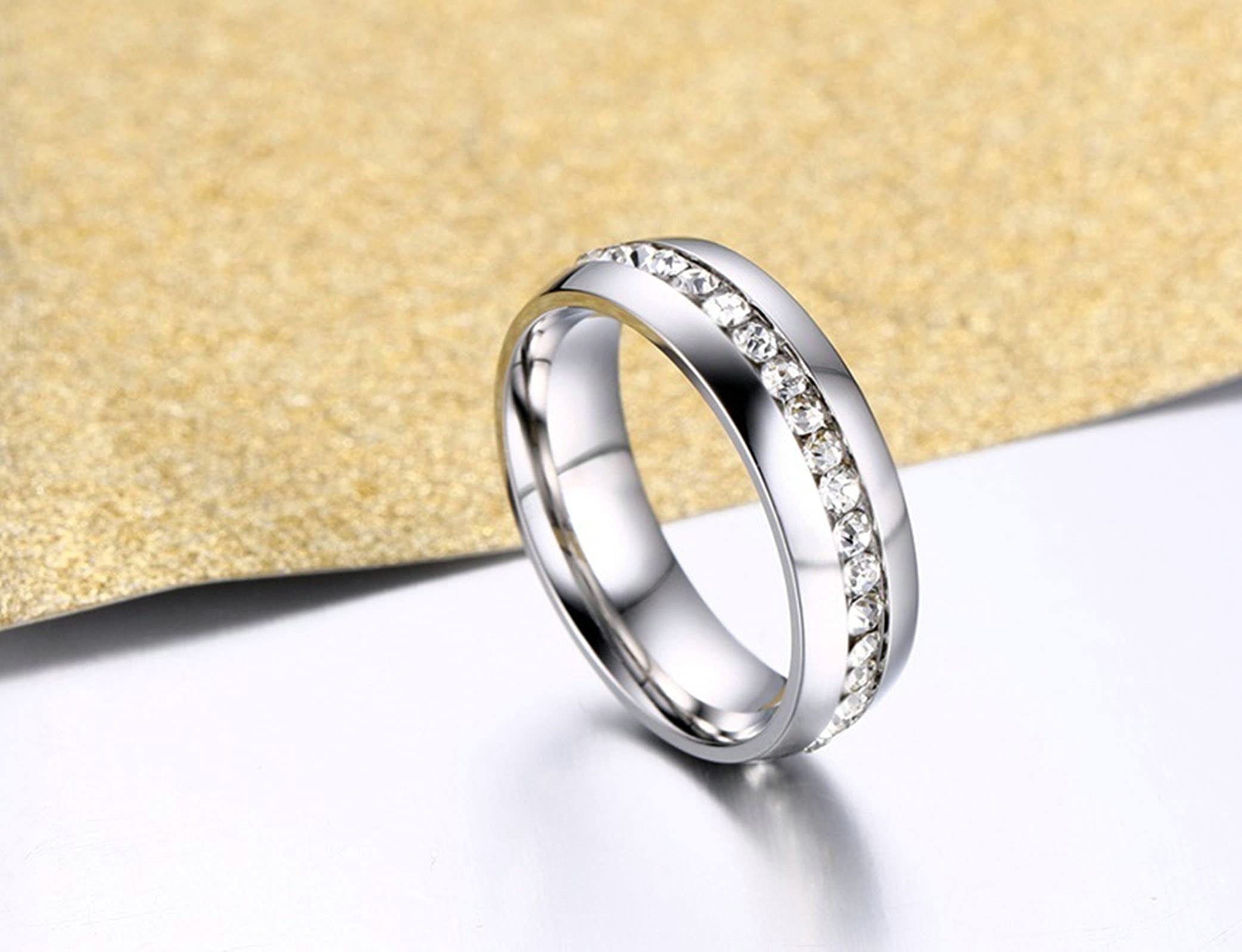 AmDxD Anillo de alianza, de acero inoxidable, para alianza, color blanco, circonio redondo, W69 & M56.5, Acero inoxidable, circonita cúbica,