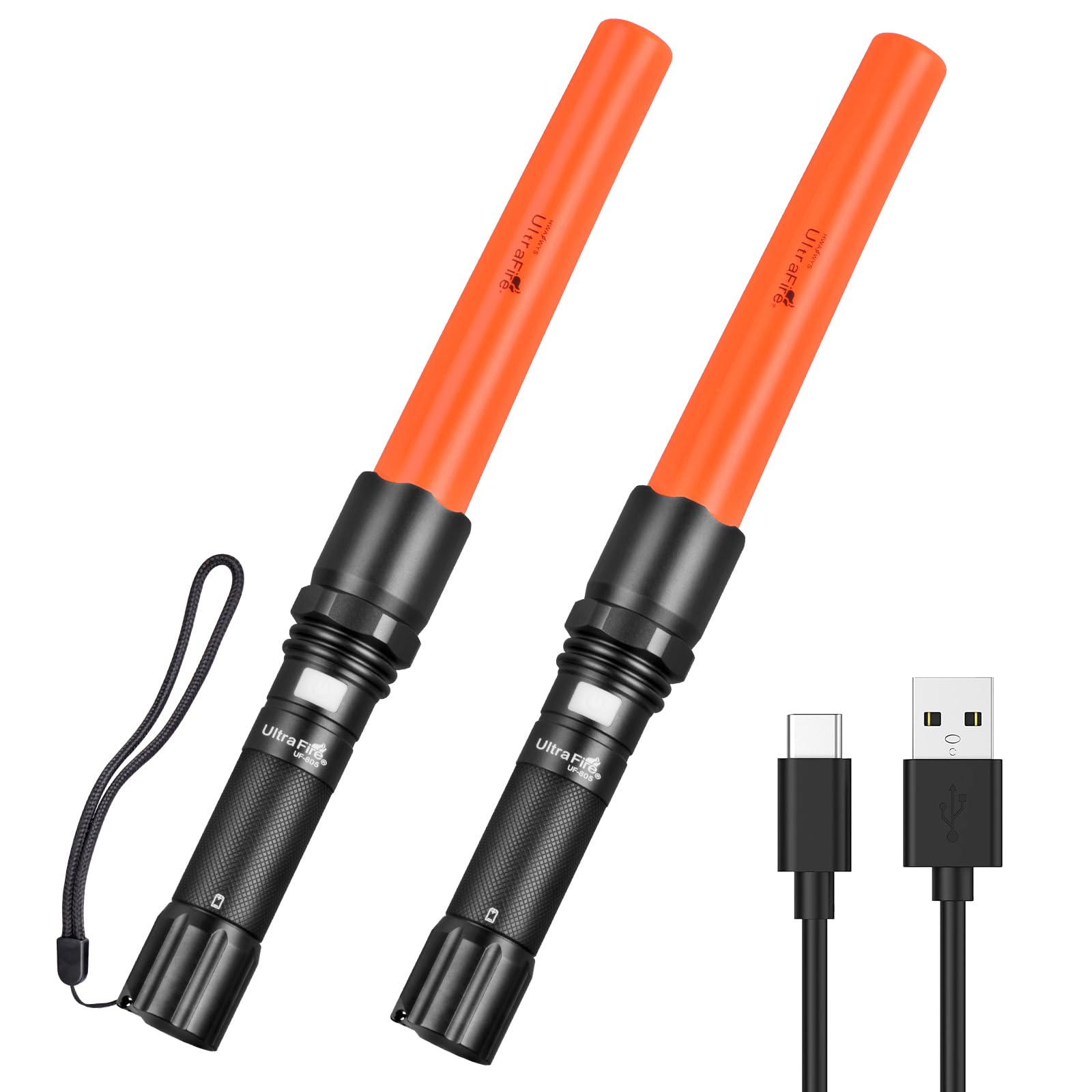 Ultrafire Black Traffic Wand Rechargeable Led Torch 2 Pack, 619 Lumen Bright Safety Light, 3 Modes Signal Stick For Traffic Control, Aircraft Marshaling, Outdoor Camping, Police Security, Uf-805