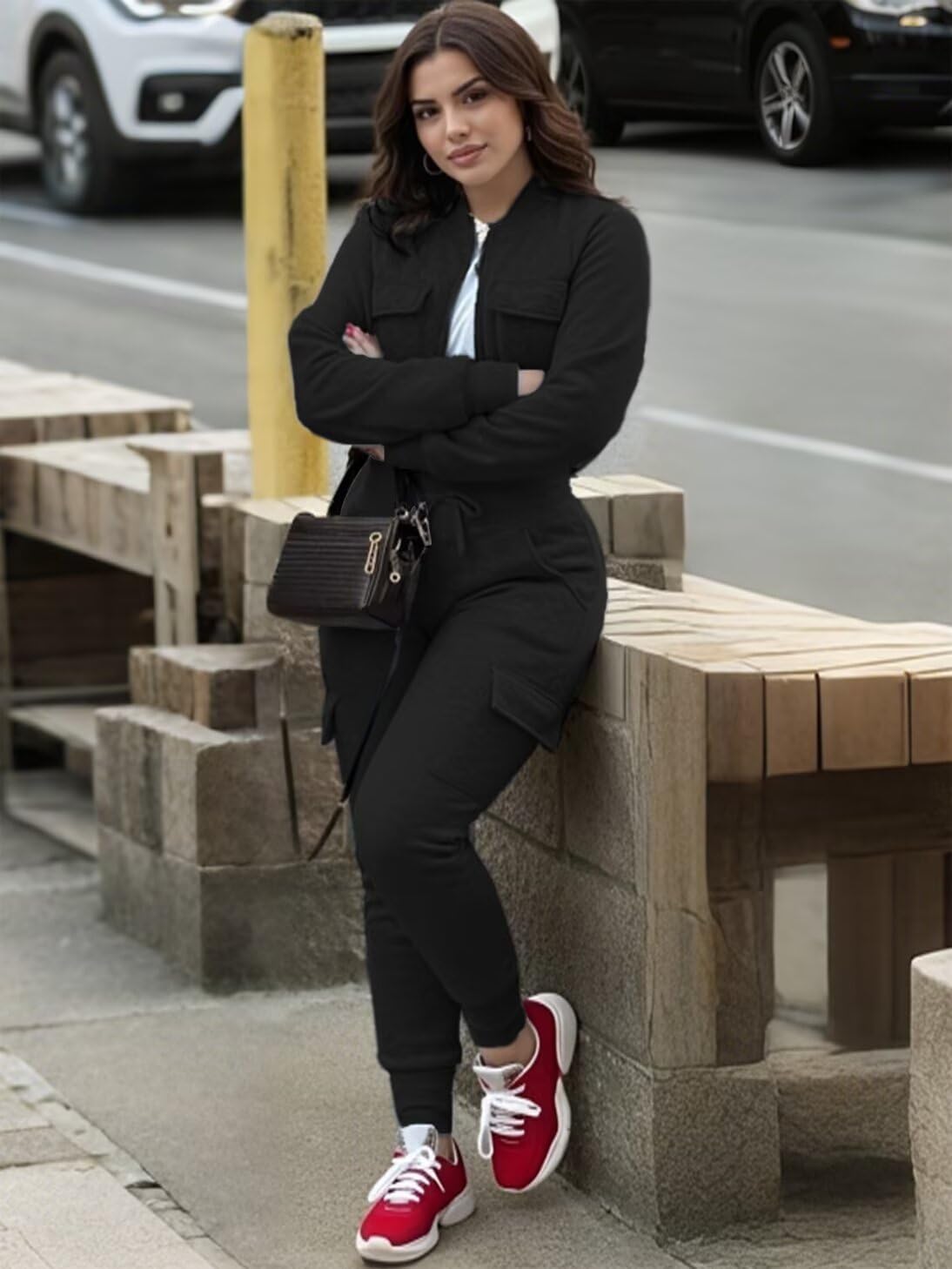 Womens 2 Piece Outfits Tracksuits Zip Up Crop Tops Sweatsuit Long Sleeve Jacket Stacked Jogger Cargo Pants Set with 6 Pockets - Image 4