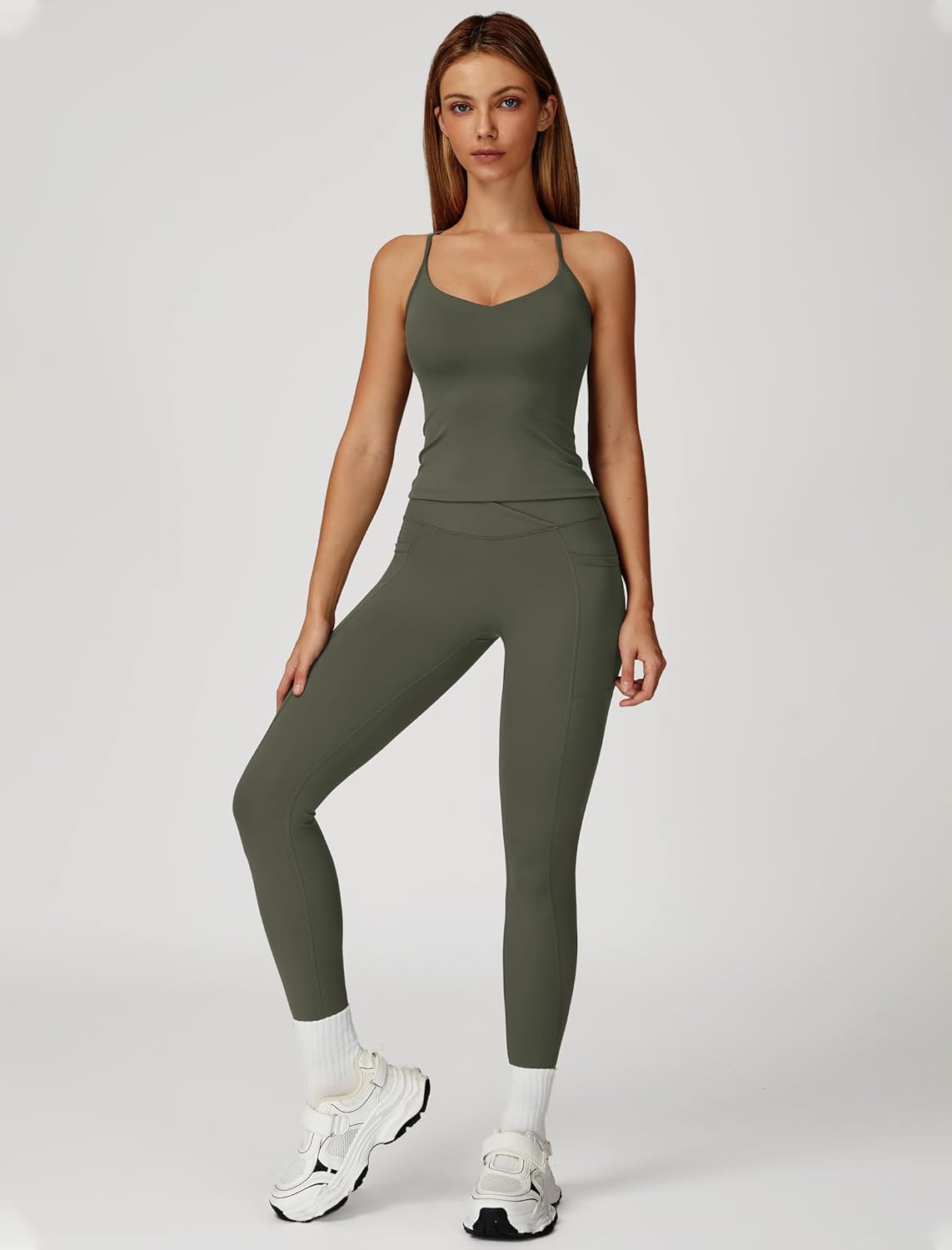 Women 2 Piece Workout Sets Padded Criss Cross Back Crop Tank Tops Tummy Control Leggings Yoga Outfits with Pocket - Image 4