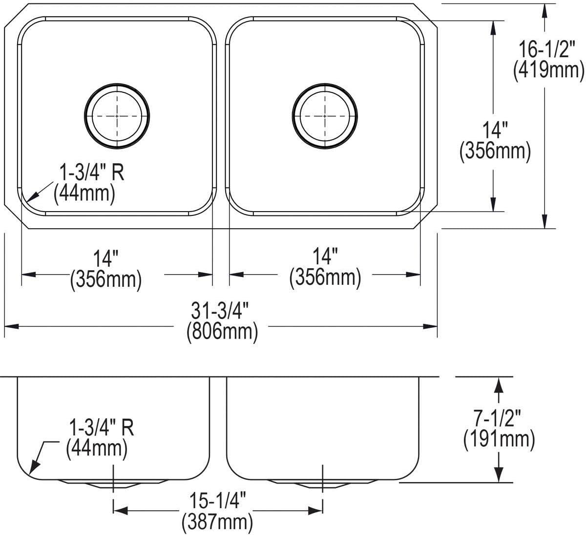Elkay Lustertone ELUH3116 Equal Double Bowl Undermount Stainless Steel Kitchen Sink