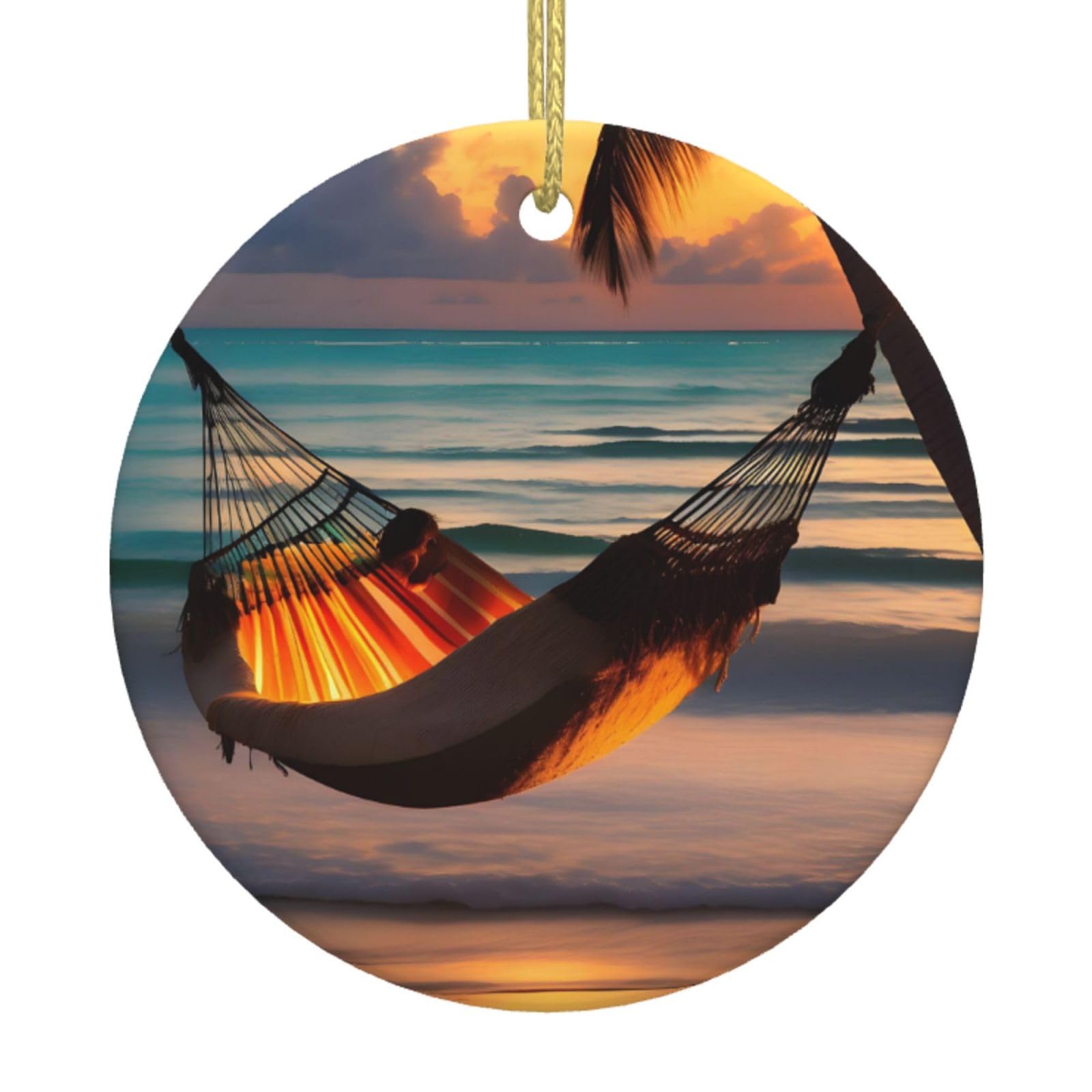 Sunset Beach Hammock Printed Christmas Tree Ceramic Ornaments Holiday Decoration Christmas Unique Pendant for Christmas Party