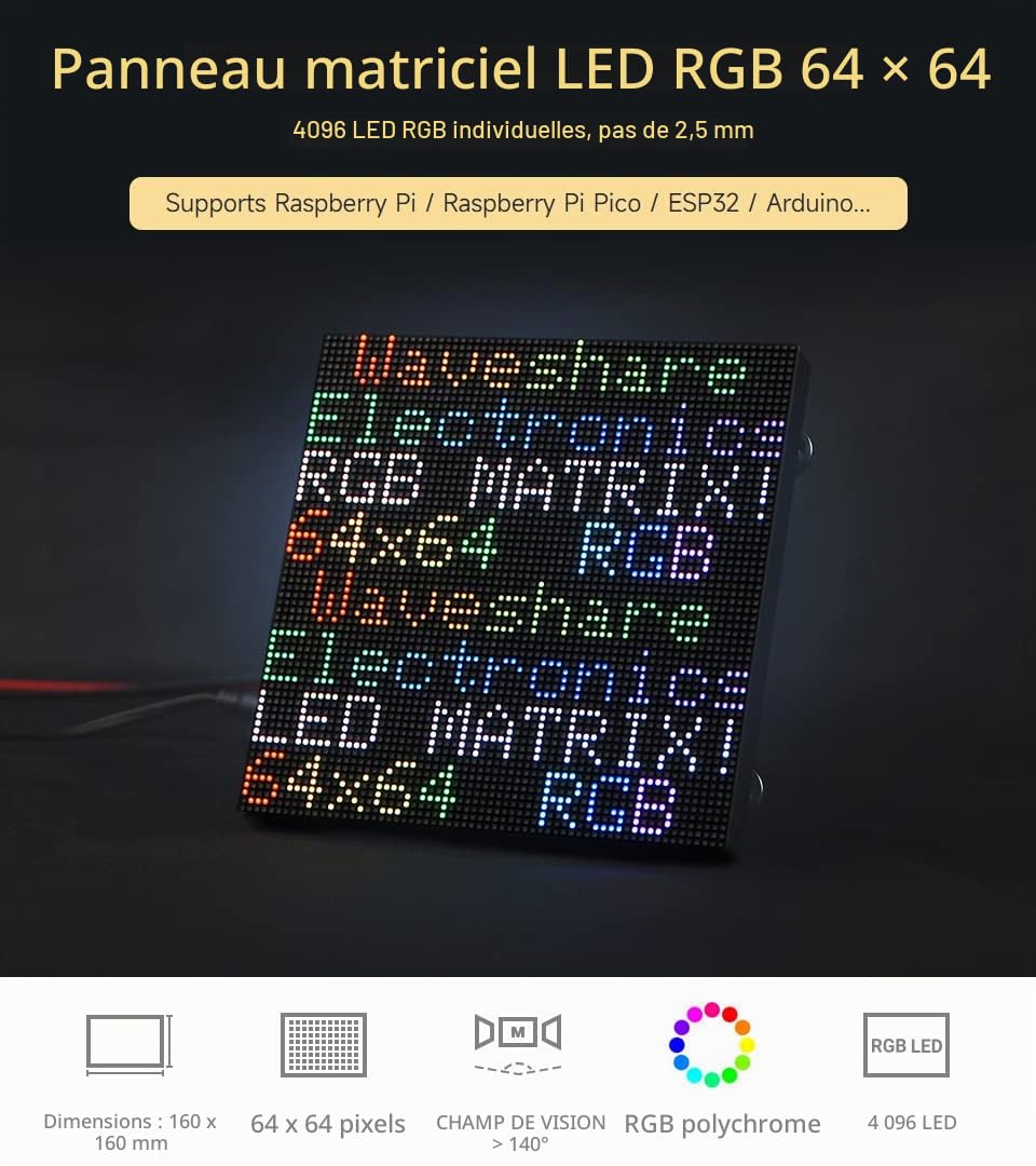 Waveshare RGB Full-Color LED Matrix Panel 2.5mm Pitch 64x64 Pixels Adjustable Brightness Compatible with Raspberry Pi/Pico/ESP32