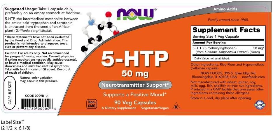 NOW Supplements, 5-HTP (5-hydroxytryptophan) 50 mg, Neurotransmitter Support*, 90 Veg Capsules : Health & Household