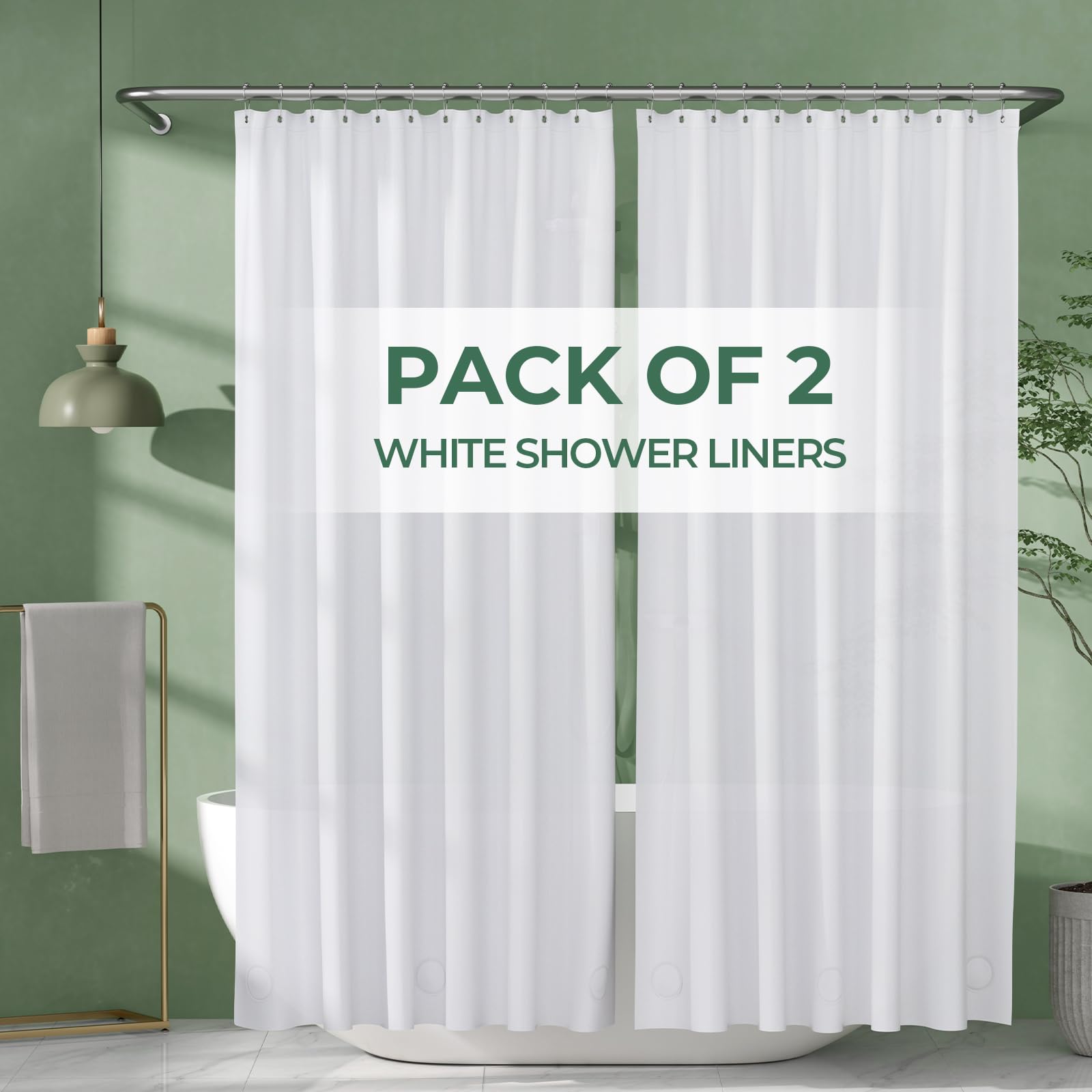 AmazerBath Shower Curtain Liner 2 Pack, 72 x 65 Inches PEVA Plastic Shower Liner with Heavy Duty Stones and 12 Rustproof Metal Grommet, Lightweight Waterproof Shower Curtain - White