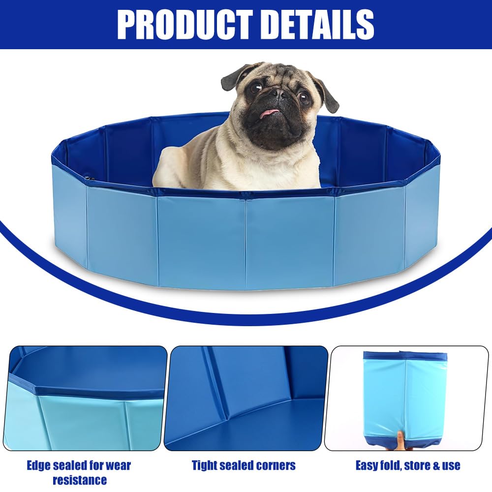 Piscina Plegable para Perros, 80 x 20 cm Piscina para Perros, Portátil Piscina para Perros Pequeños con Válvula de Drenaje, para Interior o Exterior Segura Antideslizante (Azul)