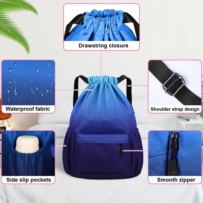 Tesmien Drawstring Bags,Waterproof Swimming Bags Unisex Sports Backpacks for Kids Adult, Large Drawstring Sackpacks Bags for School Gym Sports Travel Swimming-Gradual Blue - Image 3