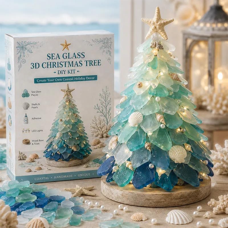 Sea Glass Art Kit, DIY Mosaic Craft Kit with Shells & Pearls，Christmas Tree