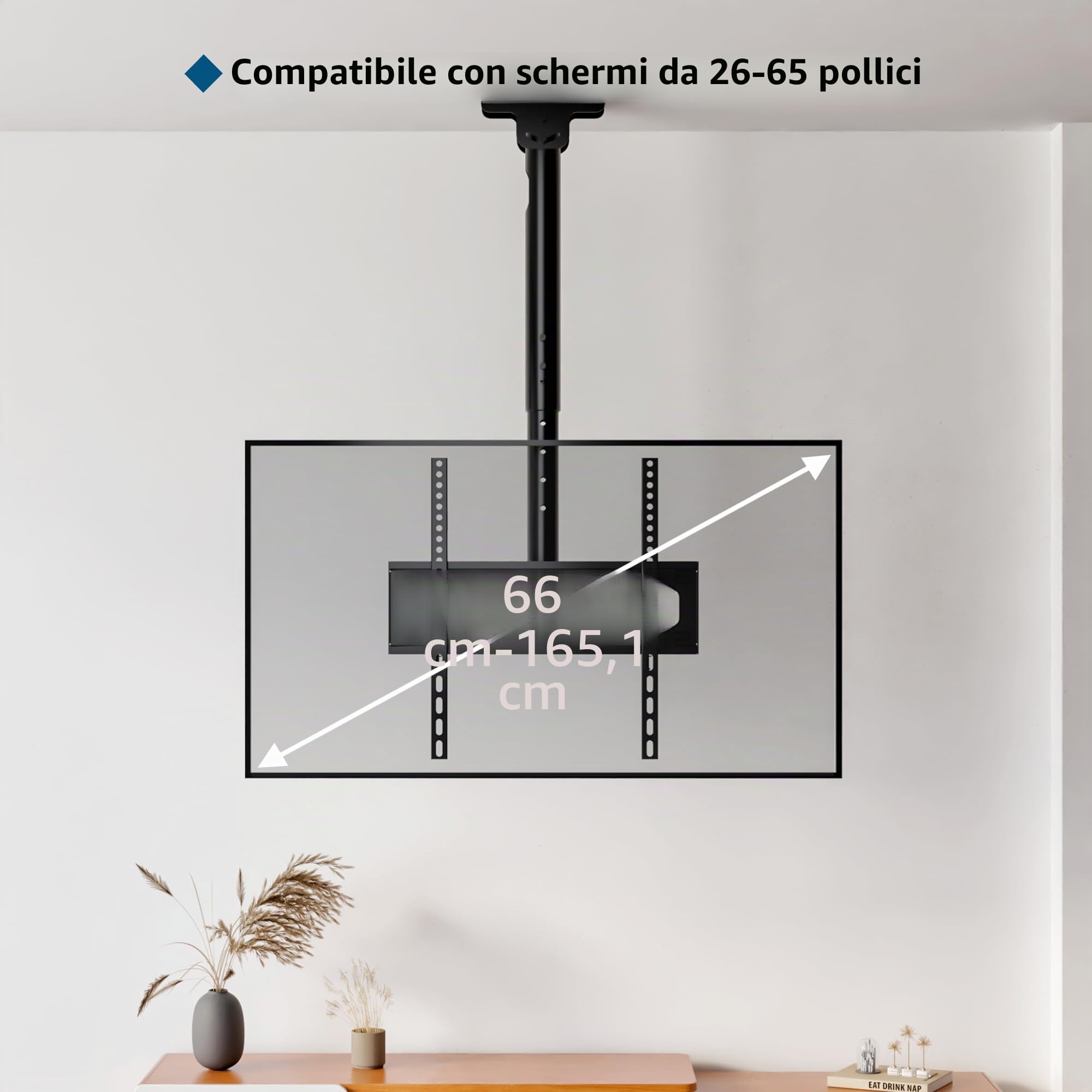 BONTEC supporto TV soffitto regolabile, staffa TV 26-65 pollici fino a 45kg, compatibile VESA 100x100-400x400, porta TV girevole 360°, altezza regolabile 73-98cm, ideale per casa, ufficio e locali
