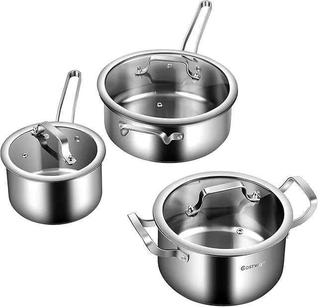 CASART 3 Piece Stainless Steel Pots, Cookware Set Including Frying Pan, Milk Pot and Stockpot, Kitchen Multipurpose Cooking Pot with Glass Lid