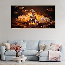 DEKORSTATION Meditating Buddha With Golden Lotus Peace and Harmony Vastu Floating Frame Canvas Painting for Living Room, Bedroom, Restaurant, Room, Hotel Wall Decoration | Size: 24x48 Inch (FF_793DS)