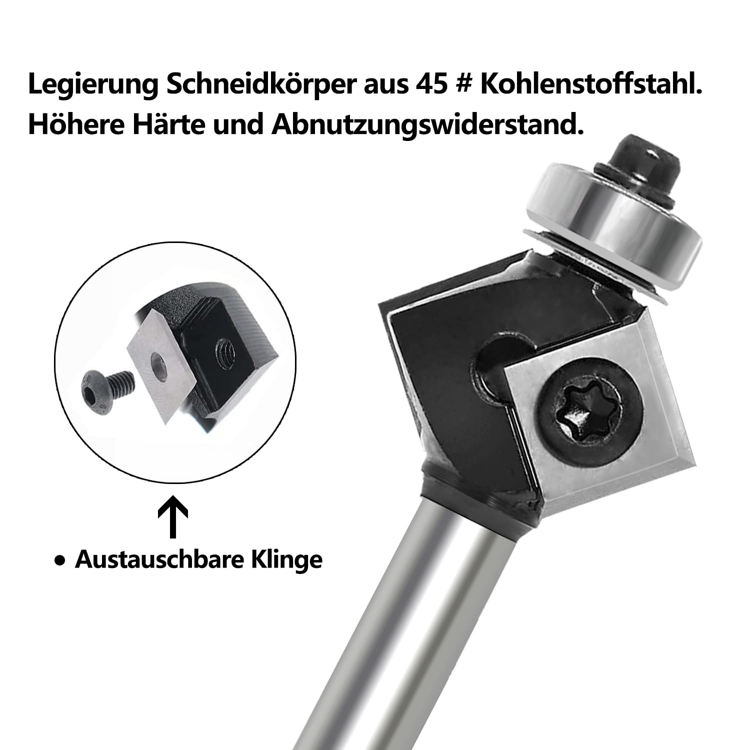Fresa de biselado de 8 mm, hoja de metal duro intercambiable de 4 lados, fresadora de biselado para fresadora superior con rodamientos, fresa de madera de 45 grados para mecanizado de cantos