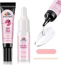 EBANKU Solid False Nail Glue with Glue Remover Set, Extra Strong Glue for False Nails, UV Lamp Not Needed, 10ml Acrylic Nail Polish Remover