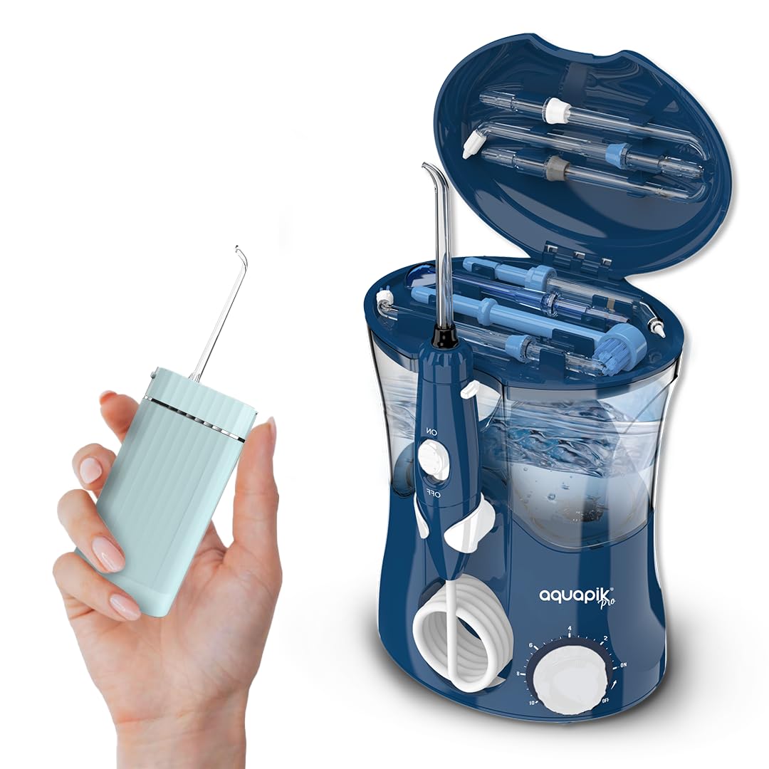 Compra Inteligente: Aquapik® Pro Irrigador dental Sobremesa + Aquapik® Mini en un Pack | (AZUL)