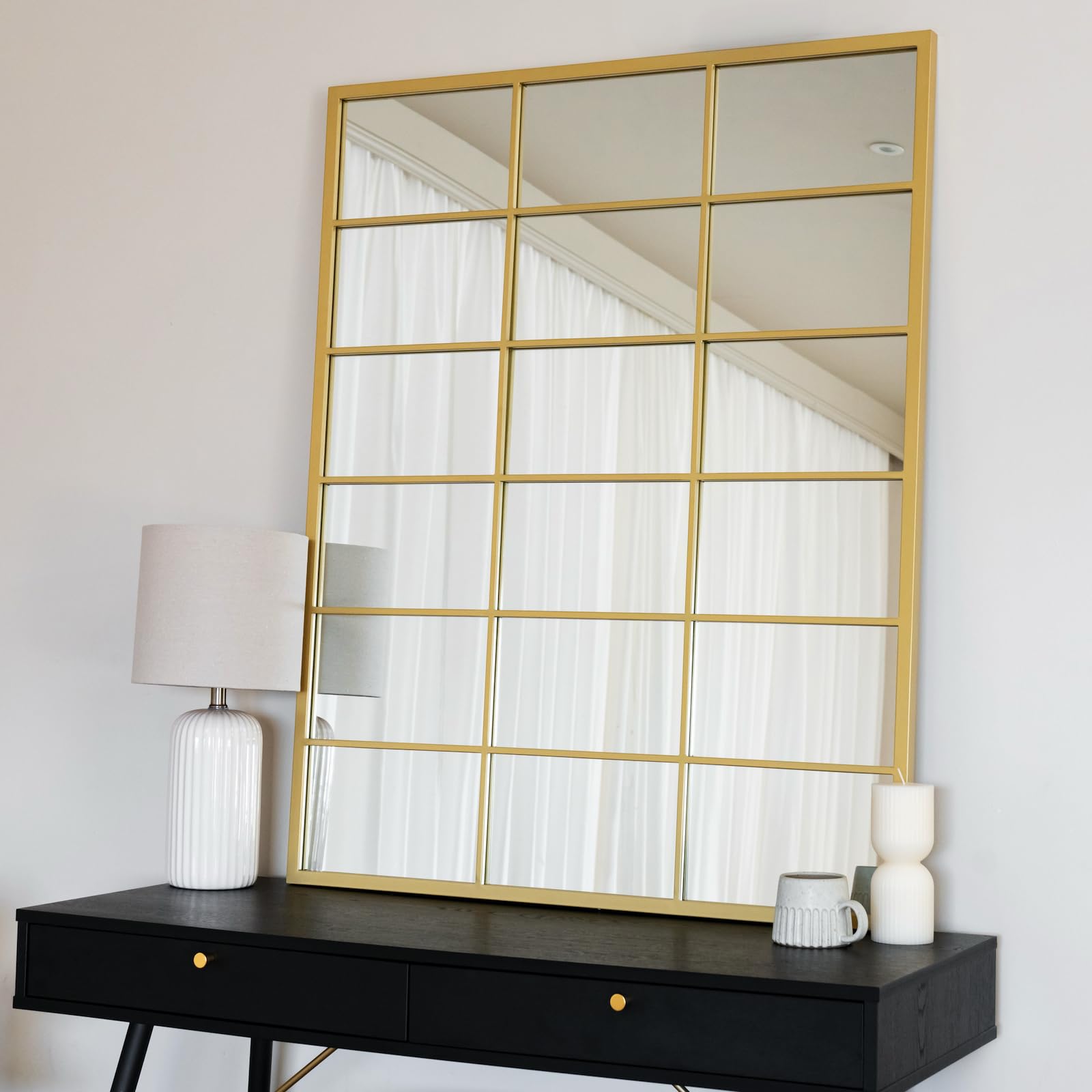 Jobu Home Kyo Rectangle Mirror with Metal Window Frame Style in Gold - 95cm x 120cm for Bedroom, Hallway or Living Room