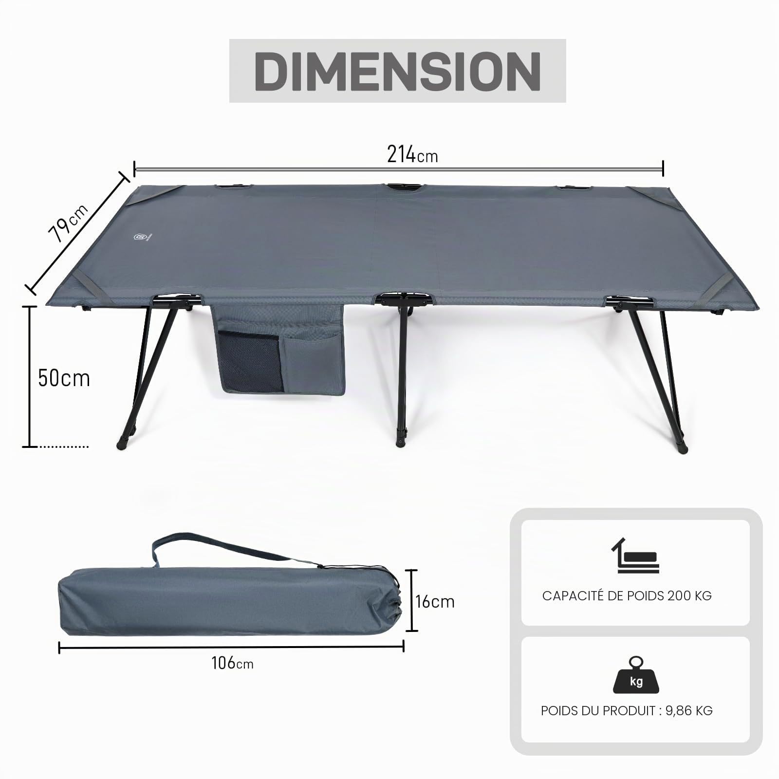 EVER ADVANCED Lit de Camping Pliable XL 214x79x50cm, Charge maximale 200 kg, Lit de Camp Large avec Poche latérale, Stable et Portable, pour Camping, Voyage, Jardin, extérieur et intérieur