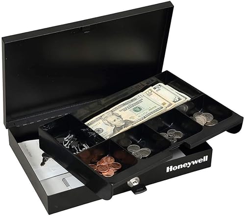 Miniatura 4 de Honeywell Caja de efectivo de perfil bajo, 1 billete, 5 ranuras para monedas, cerradura de llave, 11.6 x 8 x 1.9, acero, negro
