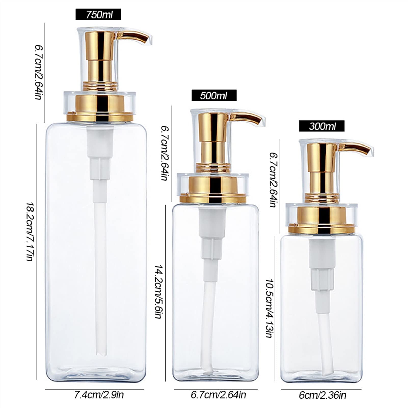 ZWMG Dosificador Jabon 300/500 / 750ml Dispensador de jabón Transparente Cuadrado Botella Recargable con Bomba de Oro Loción Loción Jabón de jabón Contenedor de acondicionador dispensador champú