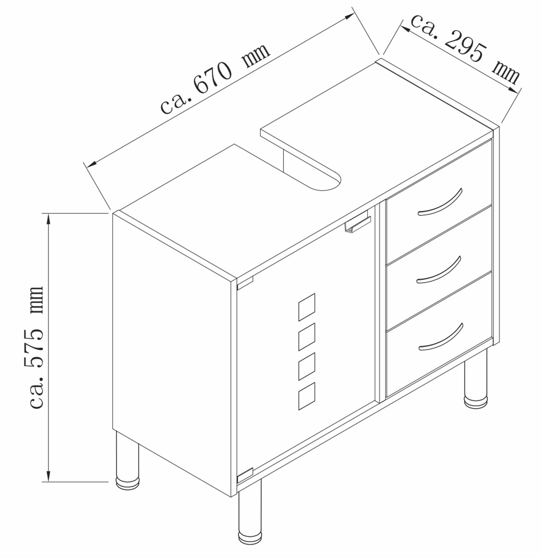 VCM Holz Waschbeckenunterschrank | Badschrank | Maße: H. 58 x B. 67 x T. 30 cm | 1 ESG-Sicherheitsglastür | 3 Schubladen | modernes Badezimmermöbel - Darola