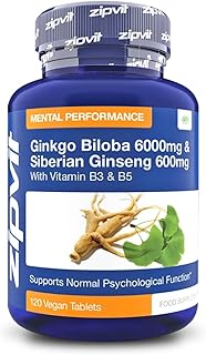 Zipvit Ginkgo Biloba and Siberian Ginseng, Standardised Ginkgo 6000mg and Ginseng 600mg with Vitamins B3 and B5. 120 Vegan Tablets for Focus,Mental Performance,Boost Energy. 4 Months Supply