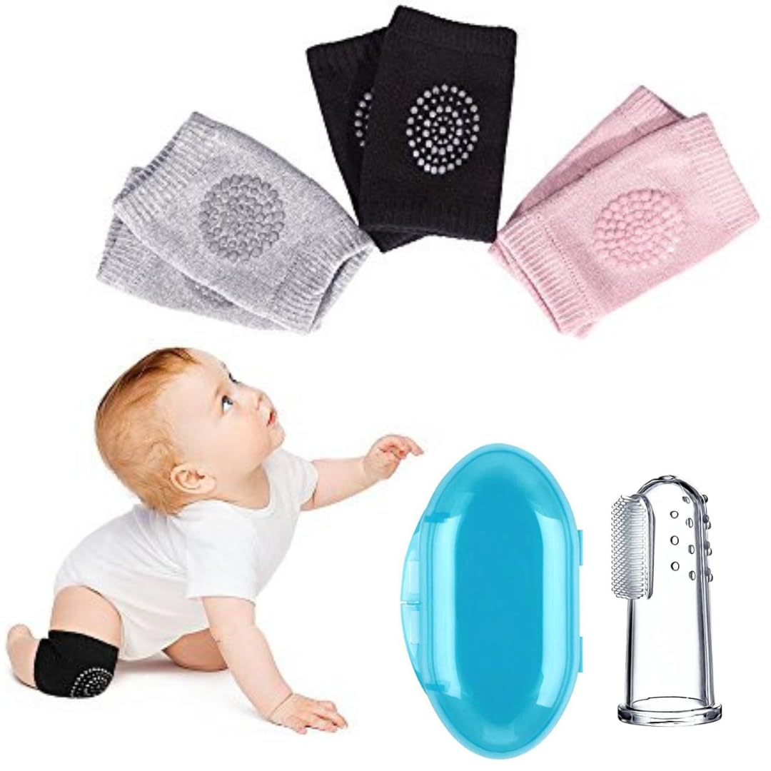 Super Soft Baby Crawling Knee Pads Set with Finger Toothbrush for Baby, 3 Pairs Non-Slip Safety Pads in Grey & Green Colour & 1 Piece Silicone Finger Tooth Brush-image-3