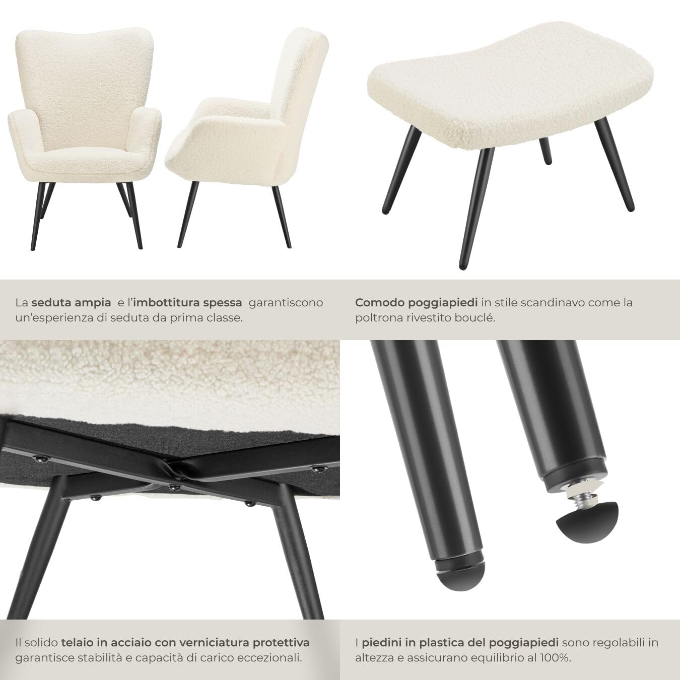 tectake® Poltrona Imbottita, Poltrona Ergonomica con Schienale e Braccioli, Poltrona Camera da Letto, Poltrona Salotto Moderna, Carico Massimo 150 kg - con Pouf, Bouclé, Crema/Nero