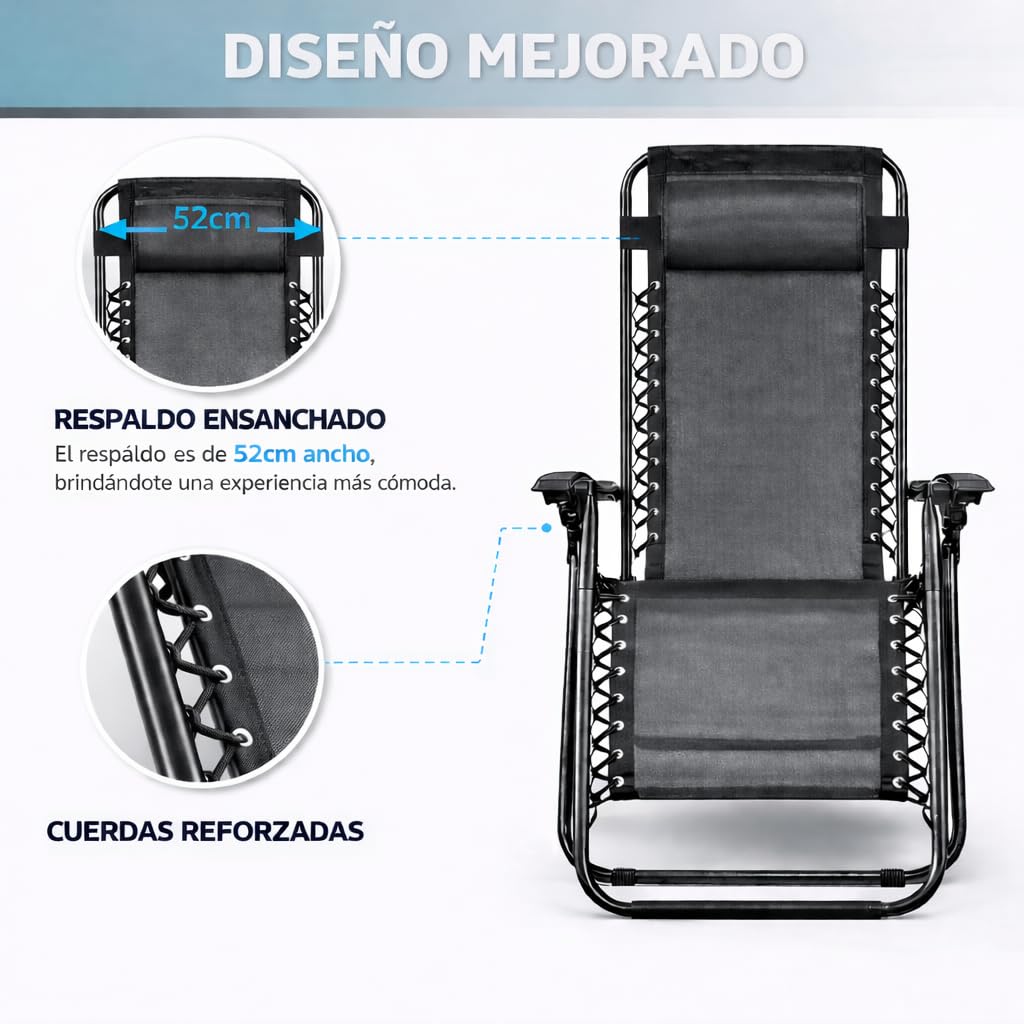 Pack 2 Tumbonas o Sillas de Exterior Plegables para jardín | Playa | Piscina o Terraza | Hamacas Reclinables Camping con Portavasos y Reposacabezas | Hasta 150kg | Silla plegable playa o Tumbona — view 8