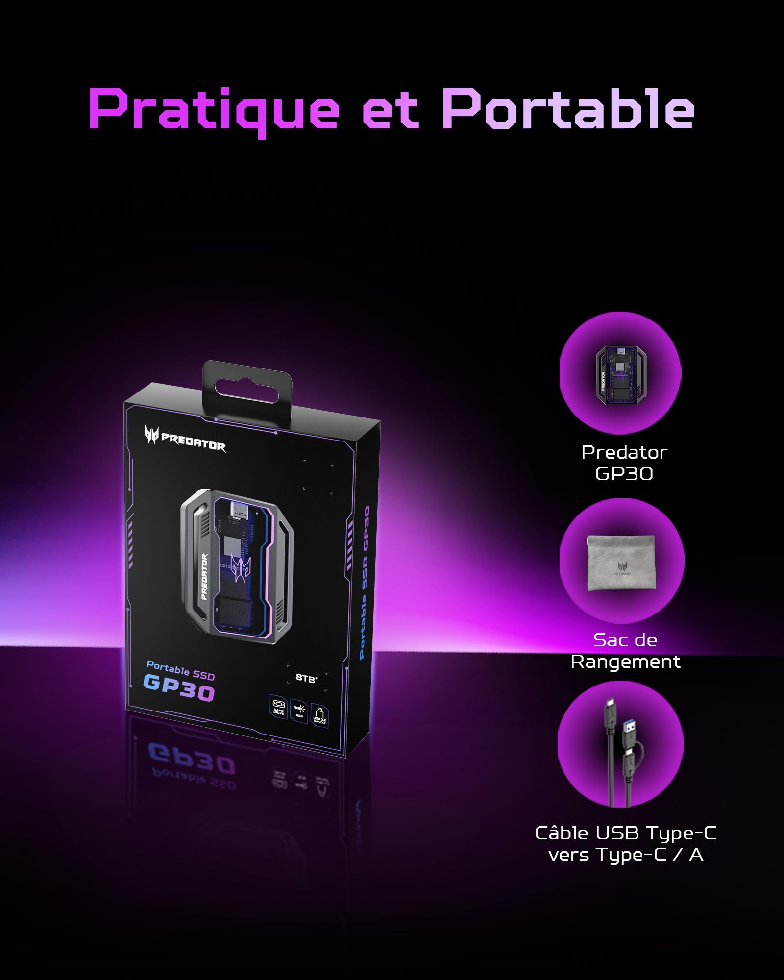 Predator Acer GP30 Disque SSD Externe 1 to, jusqu'à 2000 Mo/s en Lecture, avec éclairage RGB Dynamique pour Smartphones, tablettes, PC et PS5
