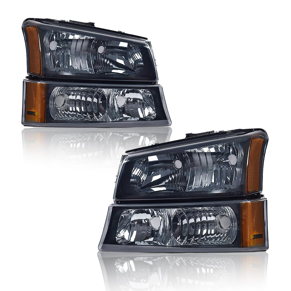 Black Housing Smoked Lens Amber Corner Headlight Assembly Lamp Headlamp Compatible with Chevy Avalanche 2003-2006/Chevy Silverado 2003-2006 Pick