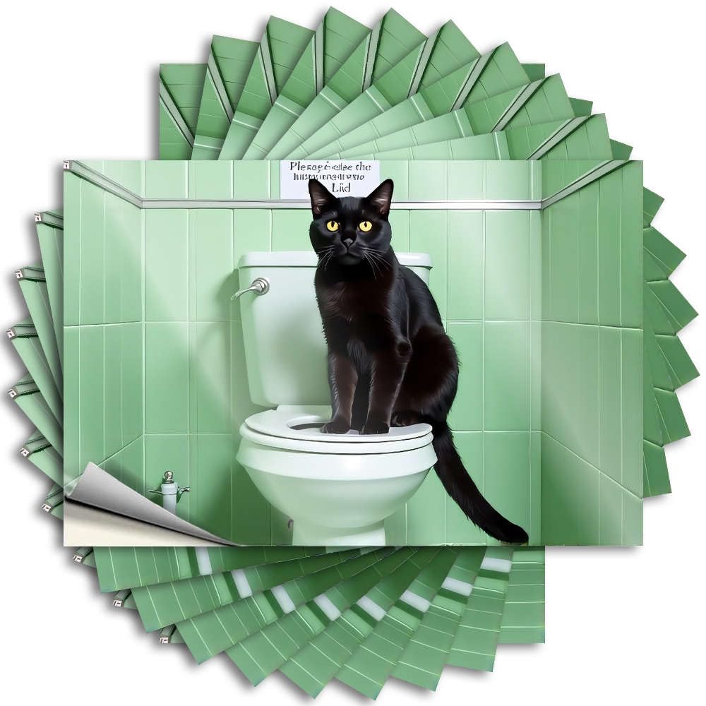 Fzfn Colour Decals Cool Room Decorations Custom Stickers, Tumbler Waterproof A Black Cat Sitting On A Toilet In A Green Bathroom. For Hydro Flask | Badass Vinyl Decals For Darts Holiday Gift(8X12cm)