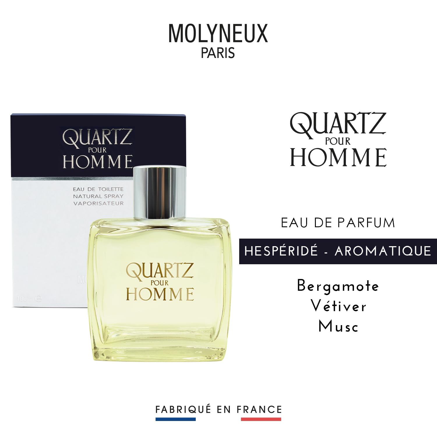 MOLYNEUX - Lot de 2 - Eau de parfum homme Quartz Homme 100ml et son format voyage 30ml, frais et aromatique, made in France