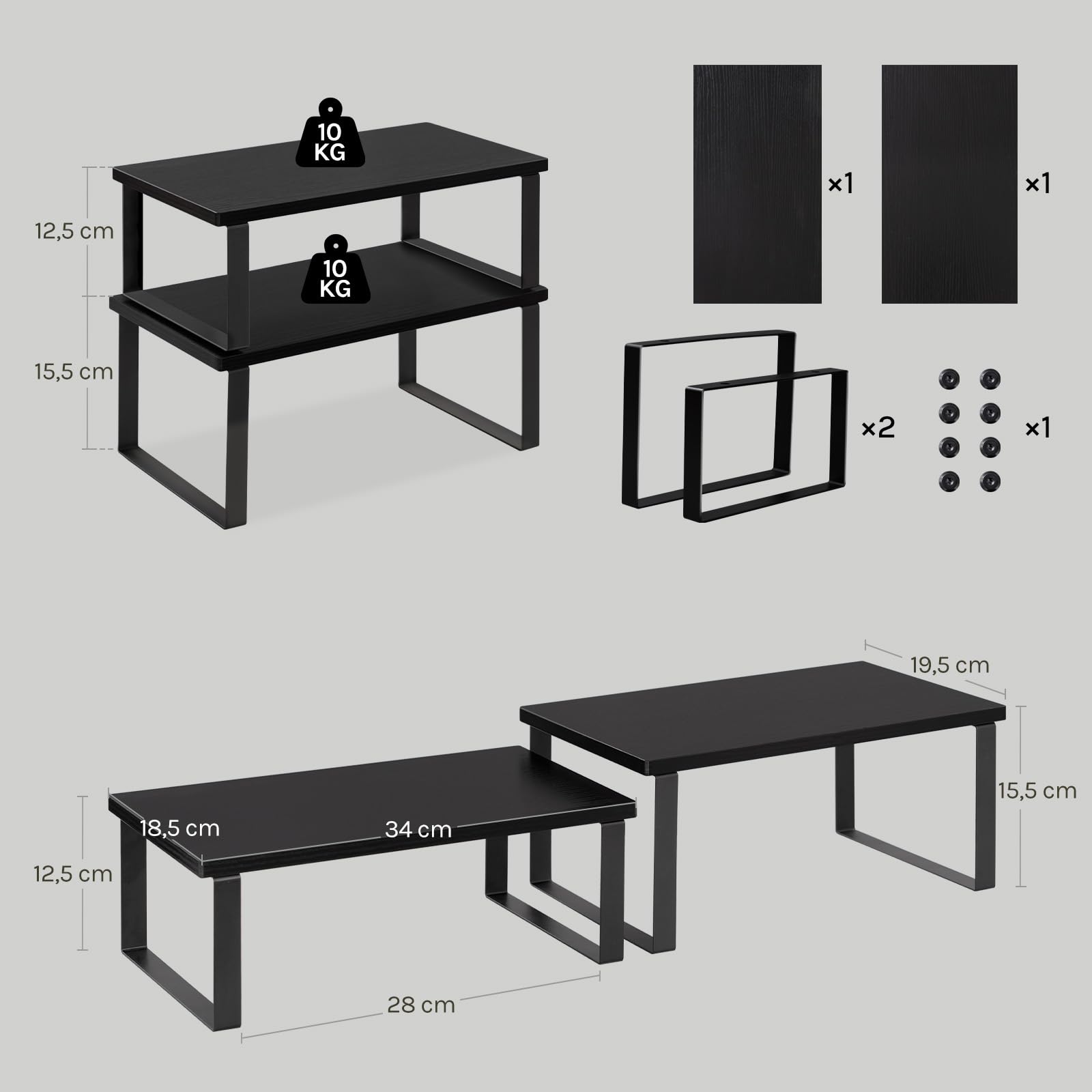 WOLTU Set di 2 Scaffali da Cucina, Porta Spezie Impilabili, Organizer da Cucina in MDF, Scaffali Indipendenti per Armadietti, 34x19,5x15,5+34x18,5x12,5 cm, Nero