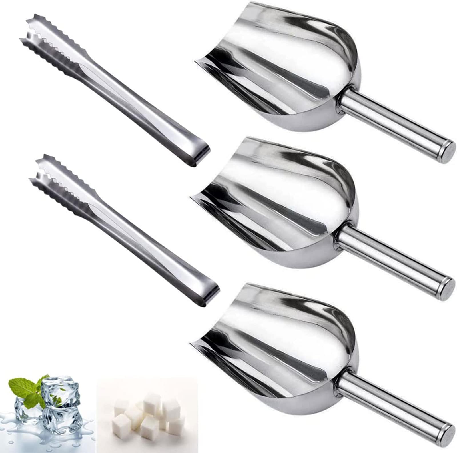 5PCS Stainless Steel Sweet Scoops and Tongs Set, 3PCS Ice Scoop for Bar 2PCS Coffee Sugar Cubes Tongs Scoops for Food Flour, Silver, (A68539K)