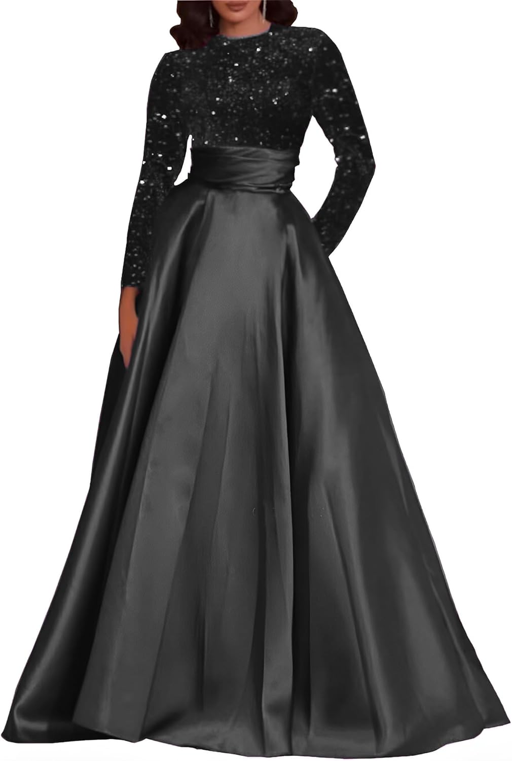 Fashionbride Long Sleeve Prom Dresses Sequin Satin Ball Gown A Line Round Neck Formal Evening Dress with Pockets AP18