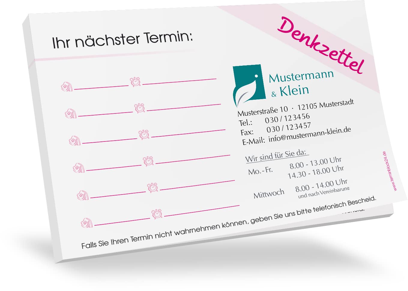 200 Terminblöcke Classic #1 individuell bedruckt mit Ihrem Text und Logo! 50 Blatt je Block, 74 x 105 mm (DIN A7), quer, mehrere Grundfarben und Terminfelder wählbar