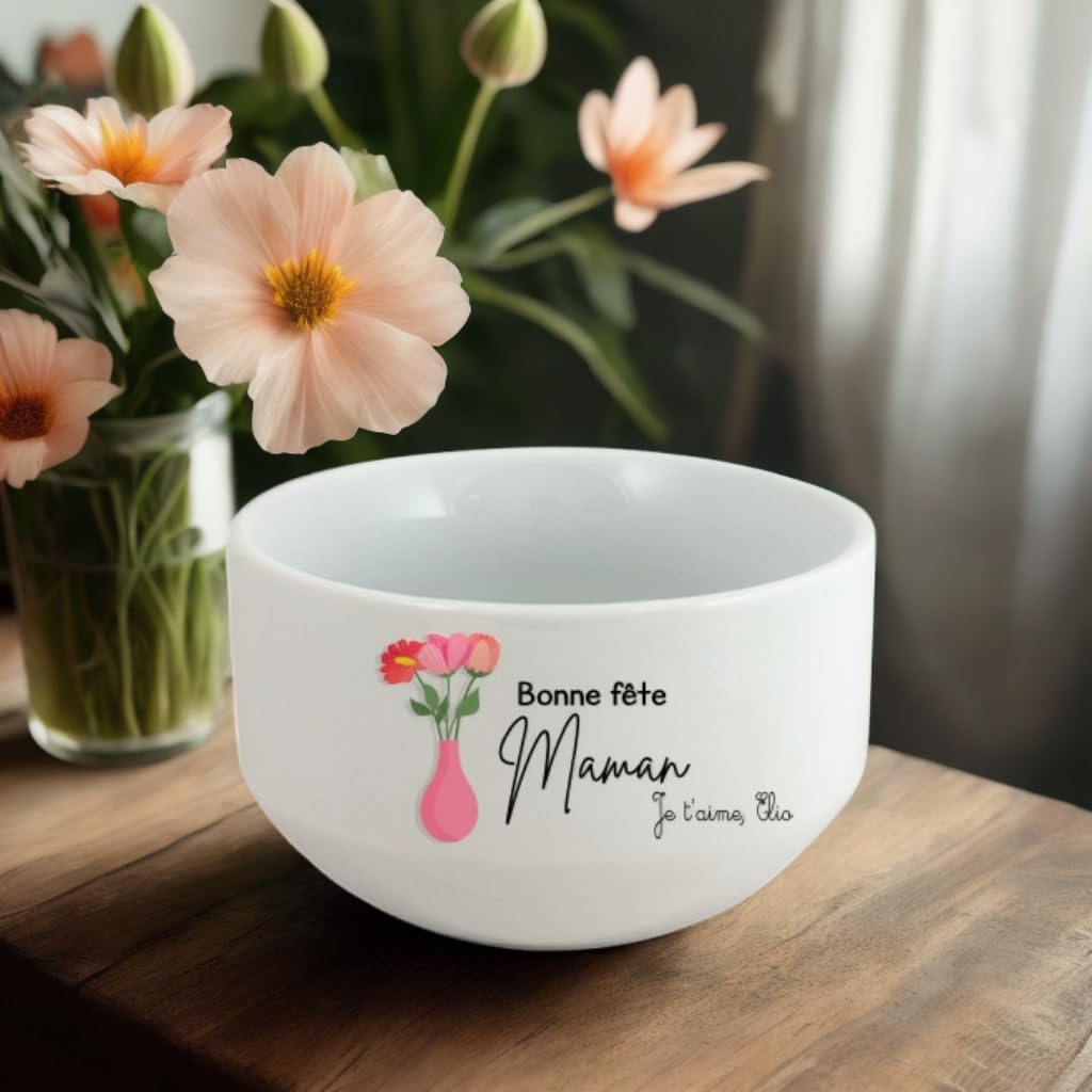 Bol en céramique 650ml - Design Bouquet de Fleurs + 'Bonne fête Maman' Personnalisable - Option avec 'Je t'aime [prénom]' ou prénom - Cadeau fête des mères Unique