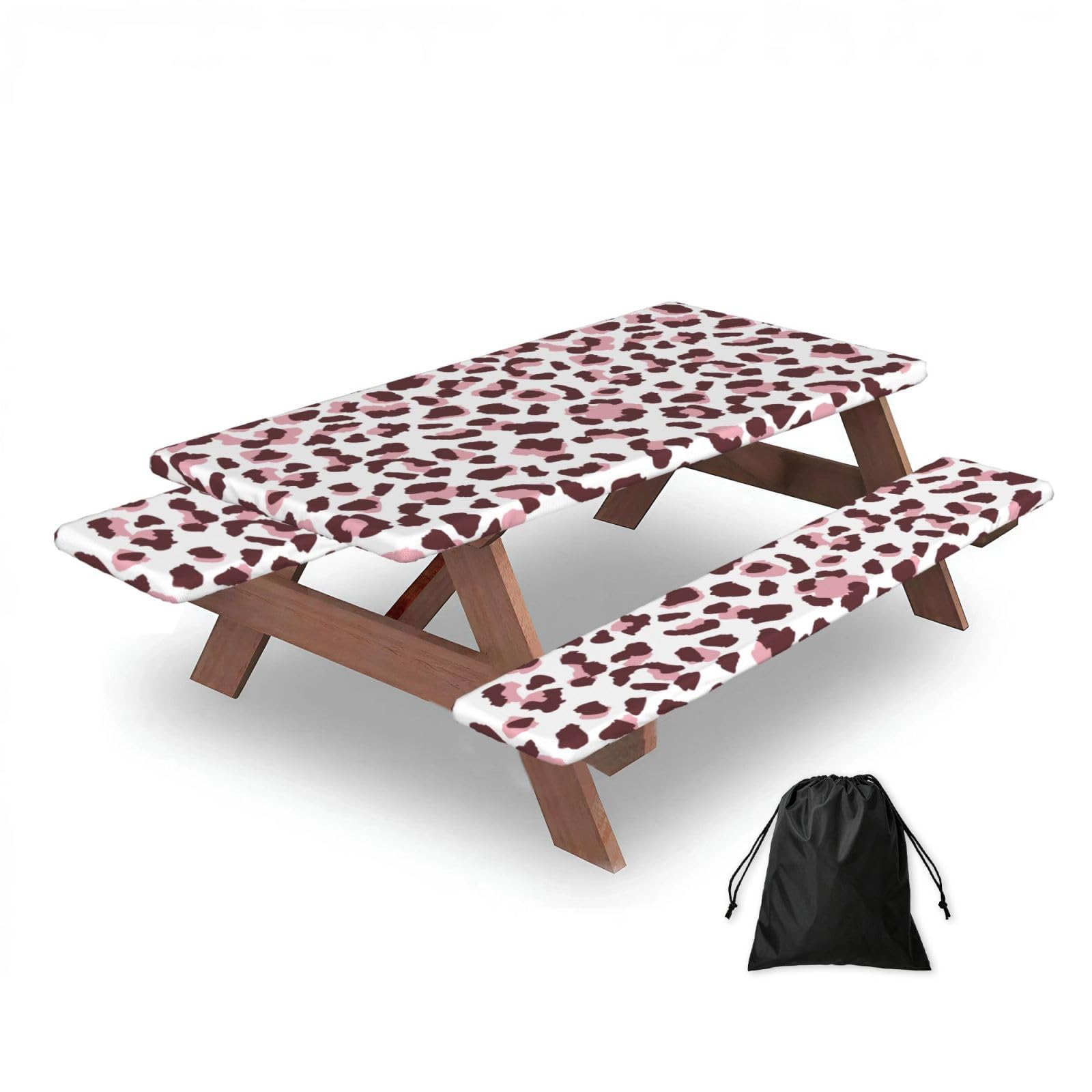 Leopard Print Seamless Pink Animals African, Picnic Table Cover With Bench Covers -Waterproof Elastic Fitted Tablecloth for Garden Camping Patio 76x152cm