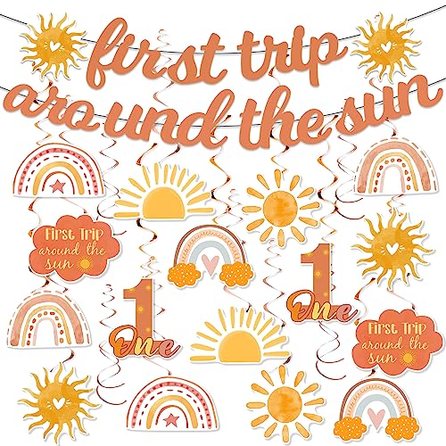 KORHONEN First Trip Around the Sun Decorations - Boho Sun 1st Birthday Supplies Include Sunshine Banner and Hanging Swirls