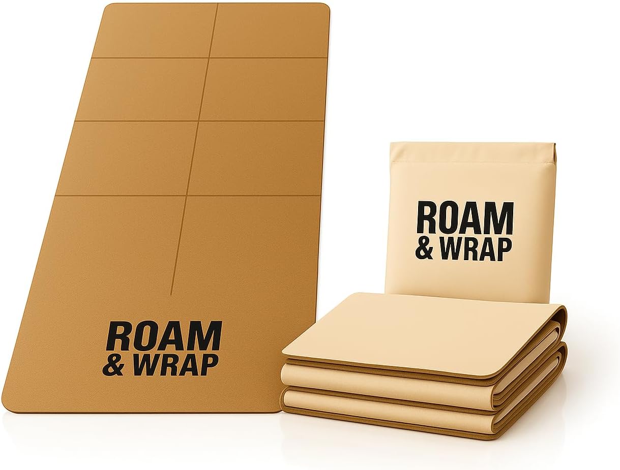 Roam & Wrap Foldable Cork Top Yoga Mat – Compact 14-Panel Travel Mat, Lightweight & Easy to Carry, Fits in Bag with Carry Pouch, Non-Slip Cork top & TPE bottom, Cotton Bag Included (4mm)
