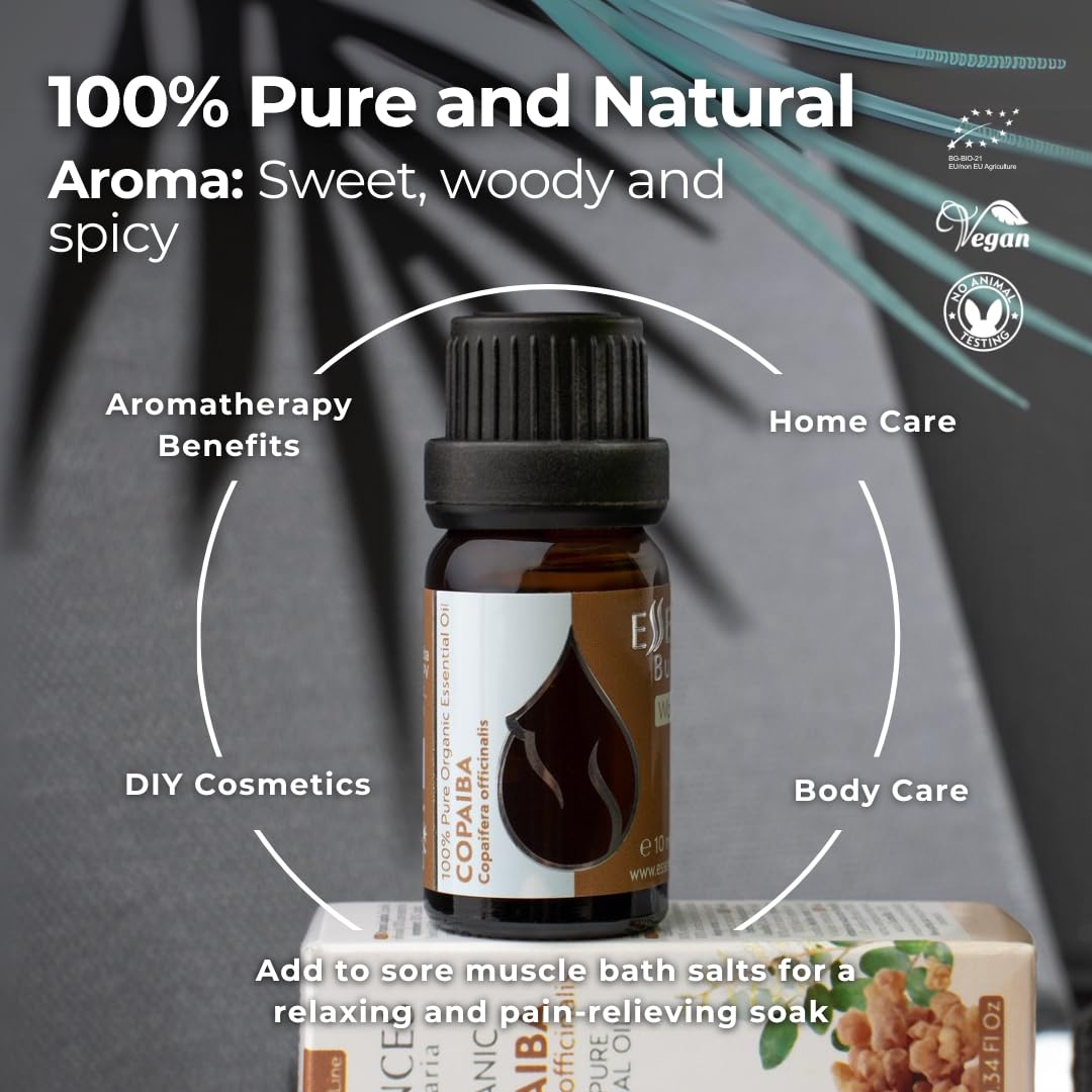 Essences Bulgaria Olio Essenziale di Copaiba Biologico 10 ml | Copaifera officinalis | 100% Puro e Naturale | Non Diluito | Grado Terapeutico | Aromaterapia | Cosmetici | Senza crudeltà | Non OGM