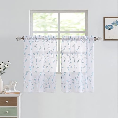 Miniatura 9 de Fragrantex Cortinas bordadas blancas de 63 pulgadas de largo con estampado de hojas doradas y amarillas, cortinas botánicas para ventana para