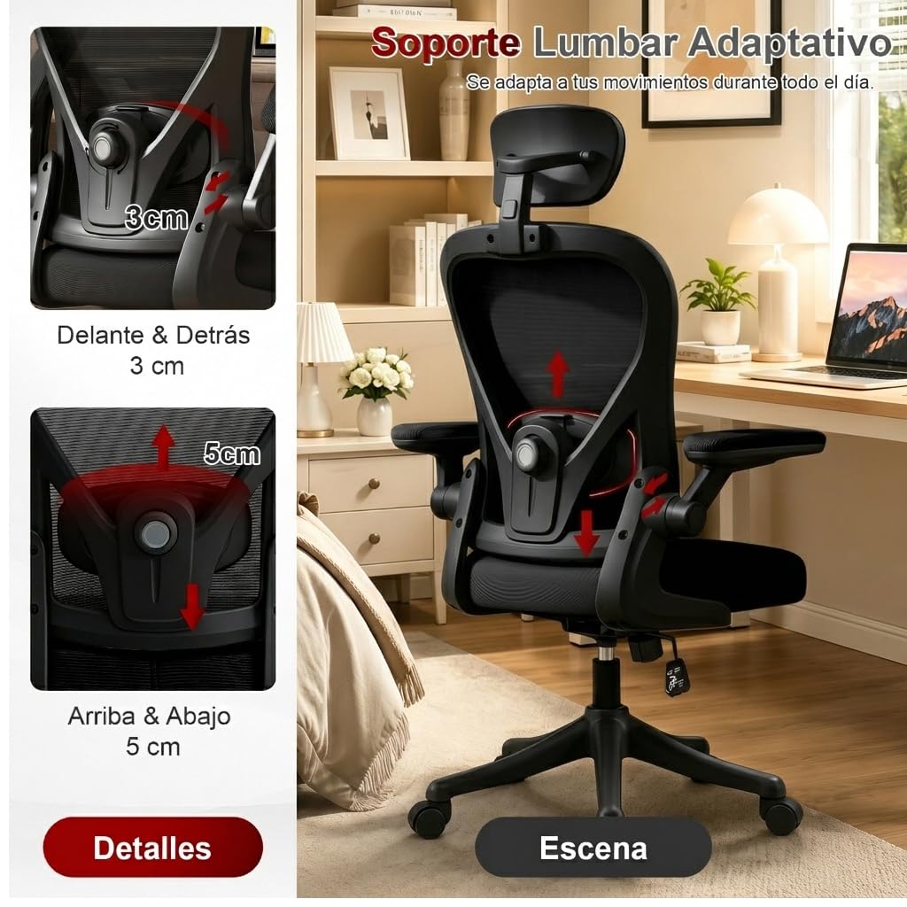 Silla Ergonómica de Oficina con Soporte Lumbar Ajustable, Reposacabezas Regulable y Reposabrazos Abatibles, Silla de Malla para Oficina en Casa, Estudio y Uso Diario, Negra