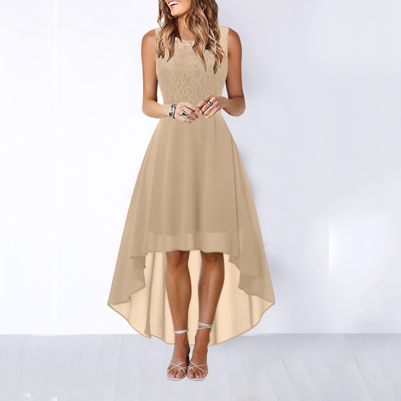 Abendkleider Elegant für Hochzeit Ärmellos Festliche Kleid Spitzen und Chiffon Kleider Unregelmäßiger Saum Lässig Locker Brautjungfernkleid