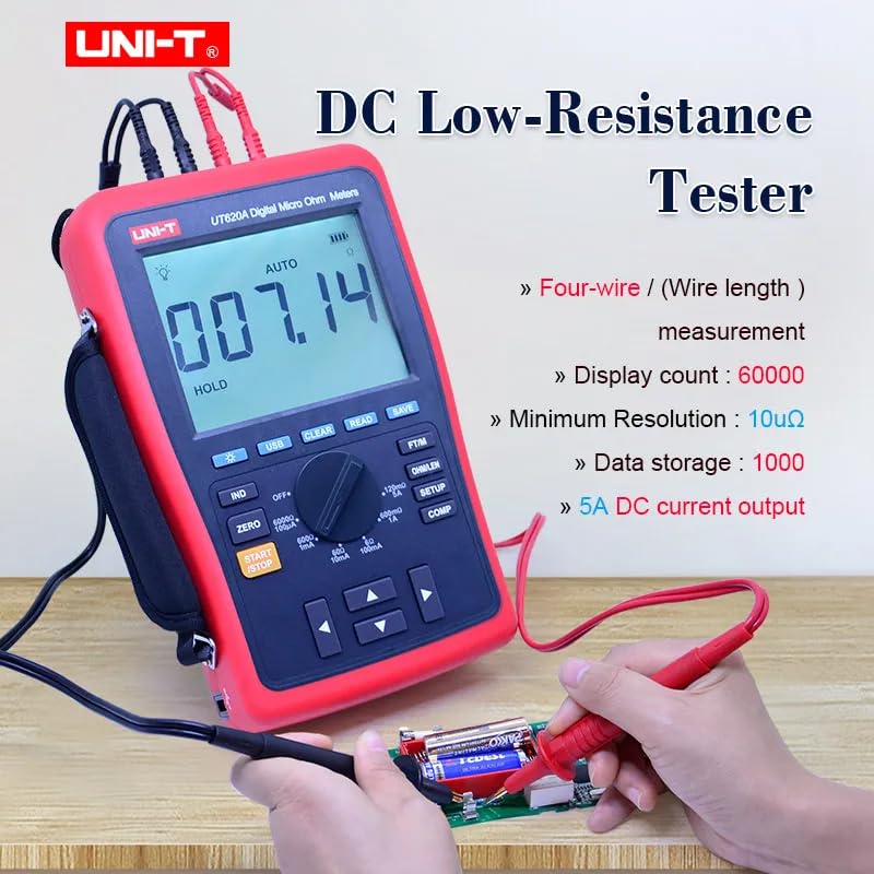 UNI-T Uni-Trend Ground Resistance Meter UT620A Manual Range DC Low Resistance Tester Digital Micro Ohm Meter with Data Storage/Backlight/High/Low Limit Alarm