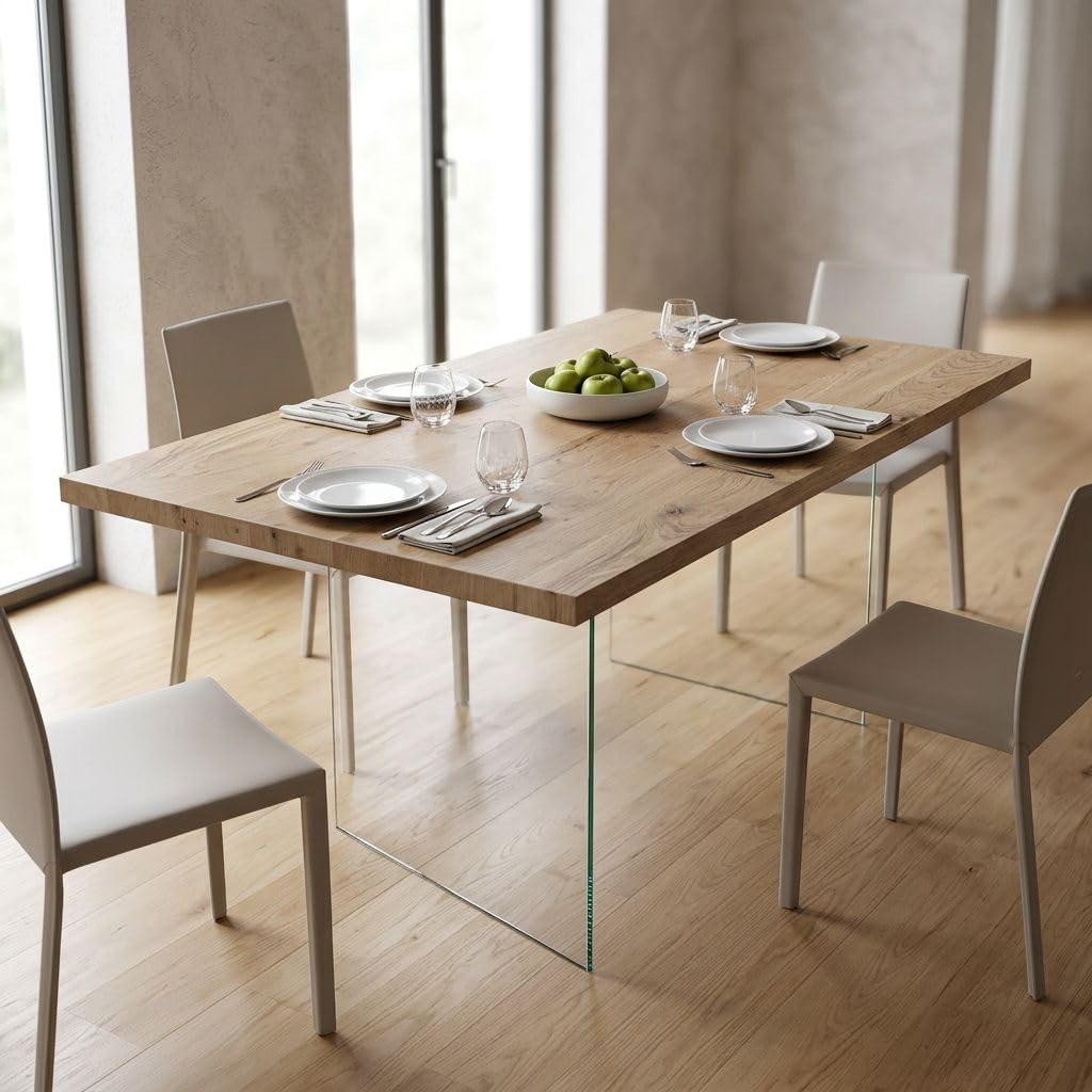 milani home - tavolo da pranzo fisso 180 x 90 cm, rovere naturale, piano impiallacciato e base in vetro