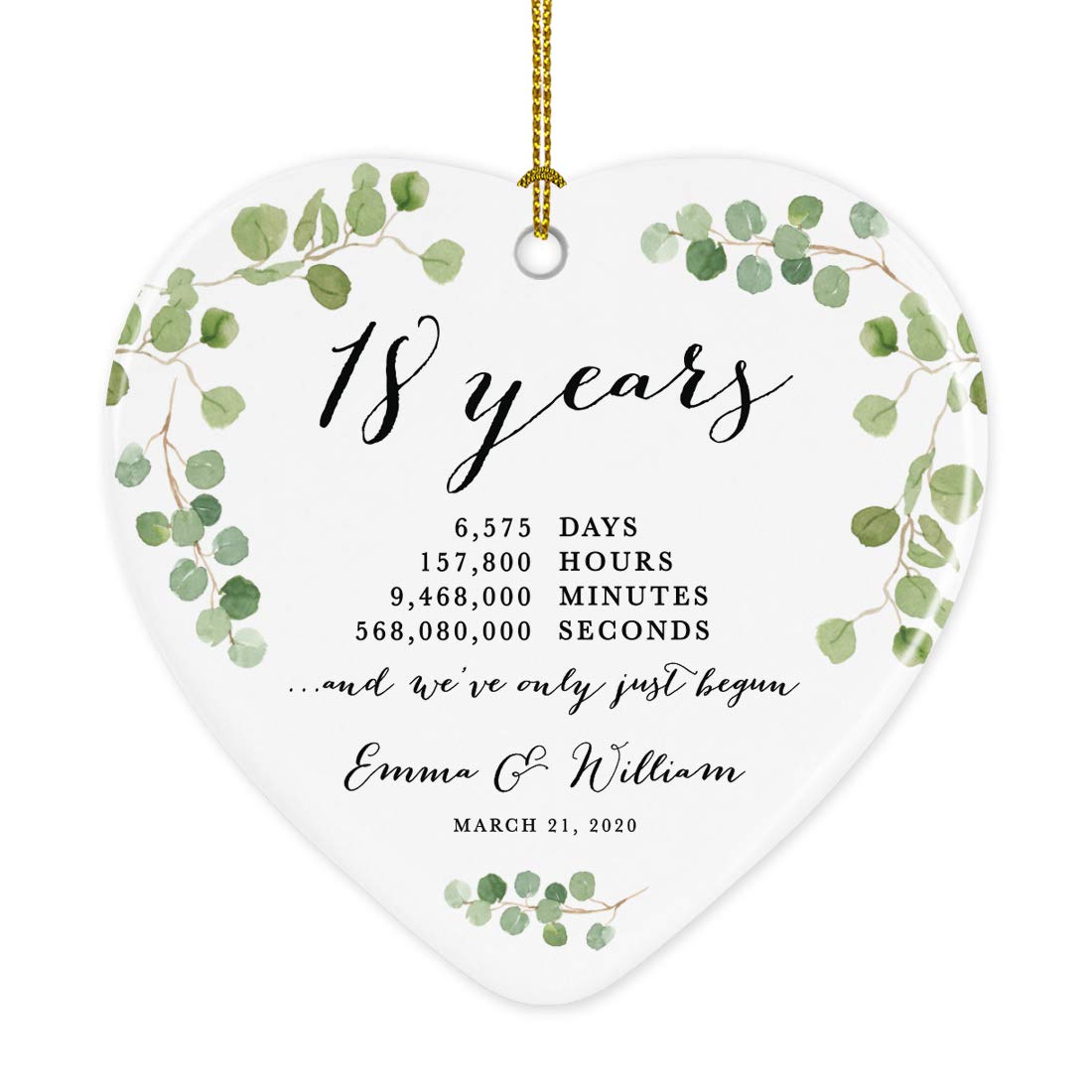 Andaz Press Personalized Name Heart Porcelain Ceramic 18th Wedding Anniversary Christmas Tree Ornament Gift, 18 Years, 6575 Days, 157800 Hours,