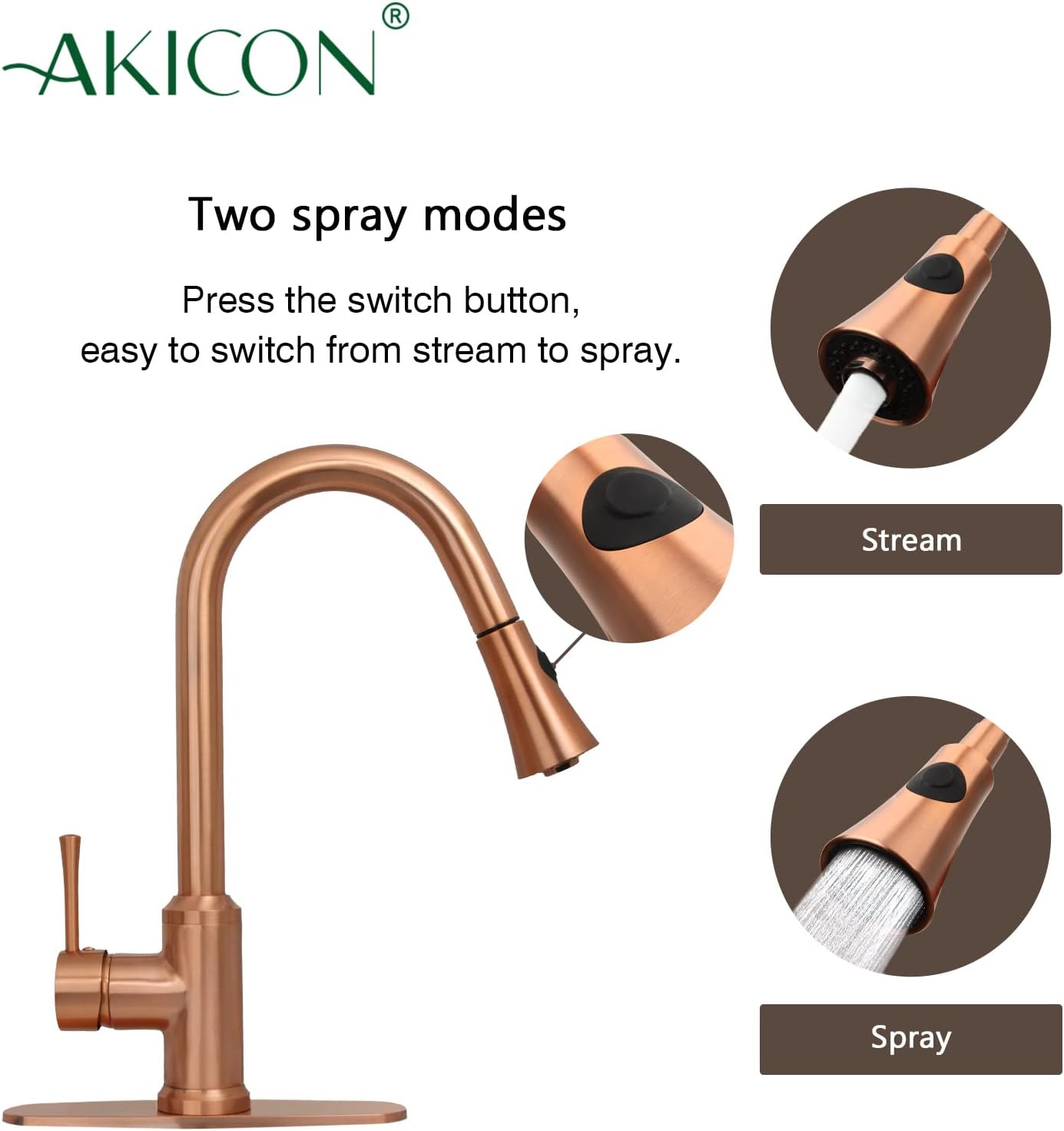 Copper Pull Down Kitchen Faucet with Deck Plate, Single Level Solid Brass Kitchen Sink Faucets with Pull Down Sprayer