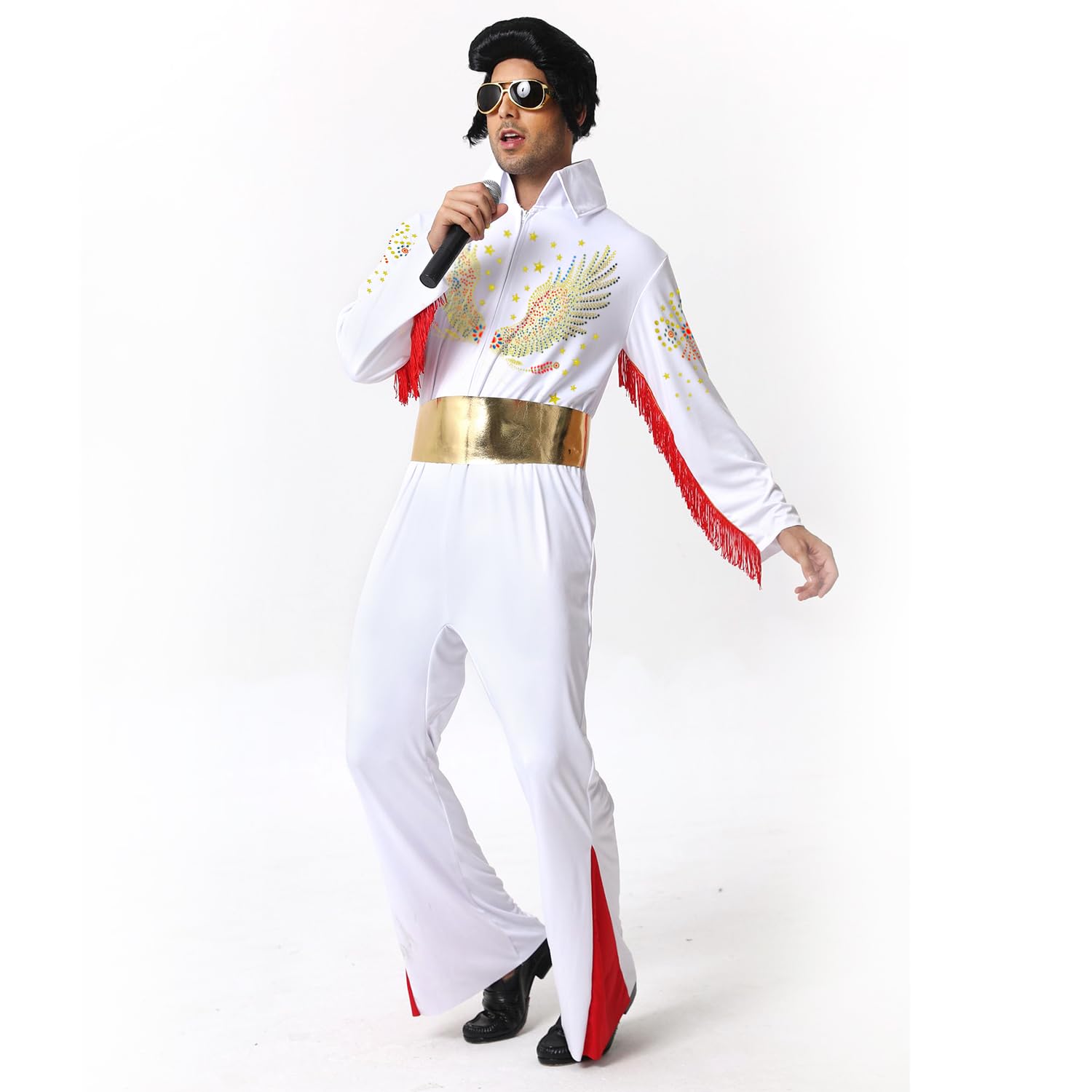 Luming Herren Halloween Kostüm Karneval Deluxe Kostüm 50er 70er Disco-Party 5-teiliges: Jumpsuit, Gürtel, Perücke, Sonnenbrille, Schal