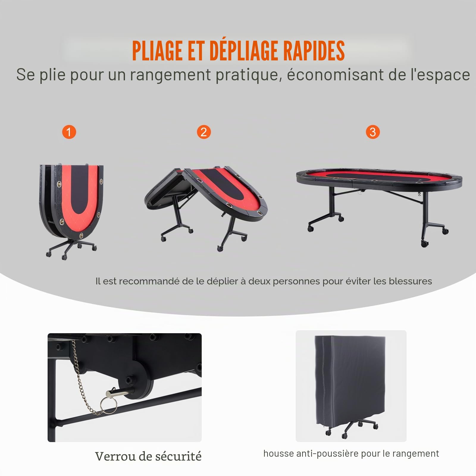 VEVOR Table de Poker Pliable 229 cm pour 10 Joueurs Table de Casino Blackjack Texas Holdem avec Rails Rembourrés et Porte-Gobelets en Acier Inoxydable Table de Jeu de Cartes Jeu de Société Maison